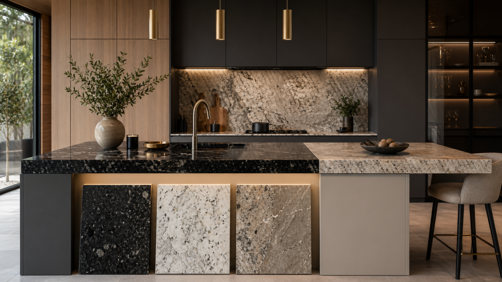 Cuisine contemporaine avec granits noir clair et taupe