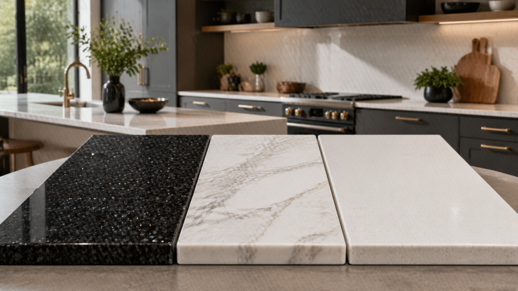 Échantillons de granit, marbre et quartz dans une cuisine moderne